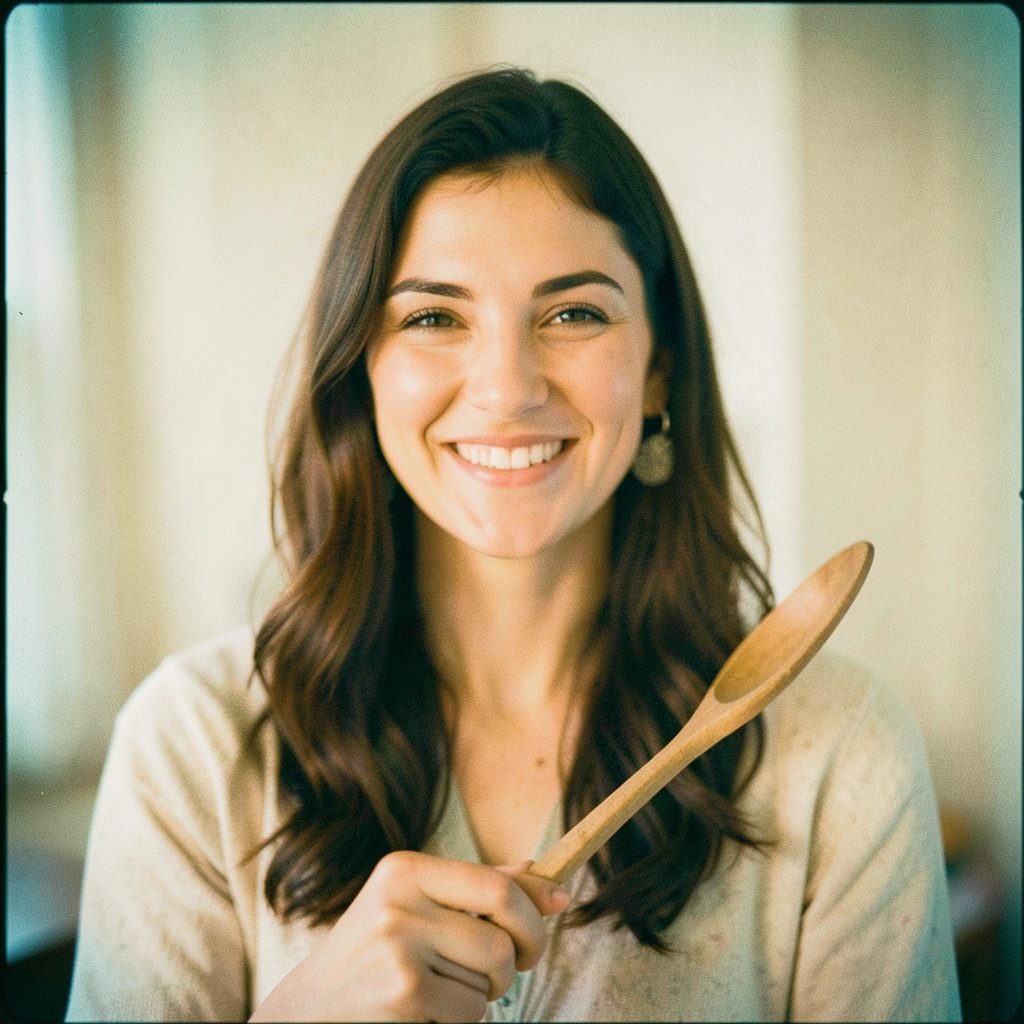 Analog film portrait of a smiling woman holding a wooden spoon, warm amber and cream tones, gentle film grain.