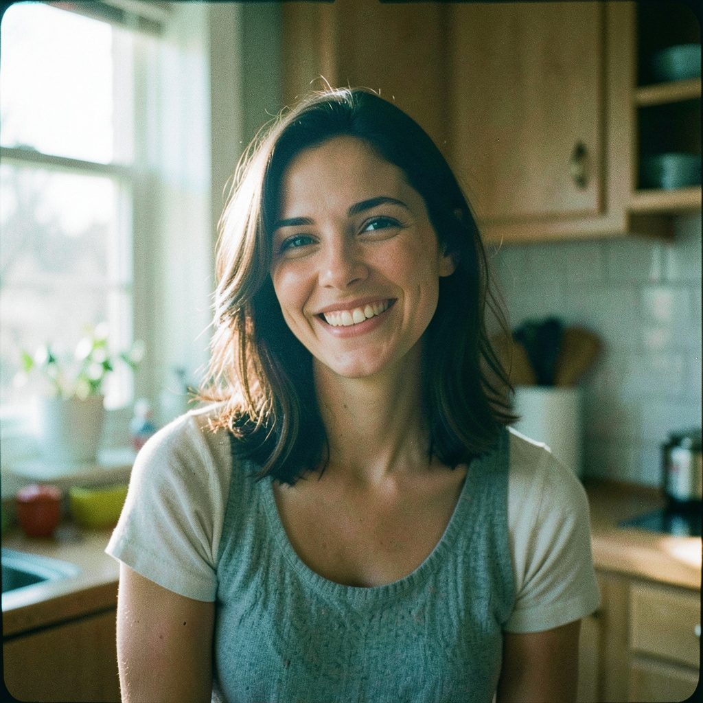 Analog film portrait of a smiling woman in a sunlit kitchen, warm skin tones and soft window light, visible grain.