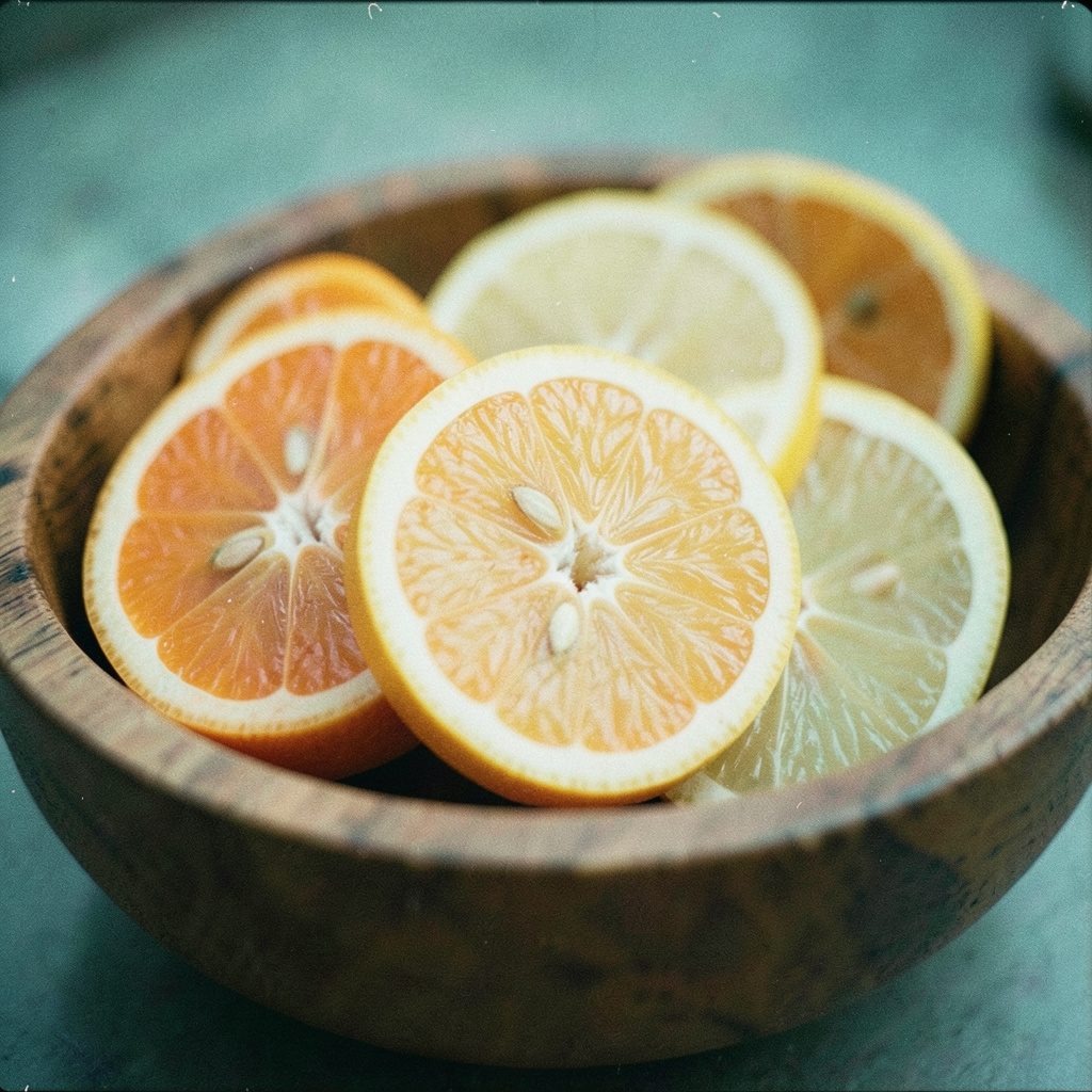 Analog film close-up of sliced citrus fruits in a wooden bowl, vivid orange and lemon tones, visible grain.