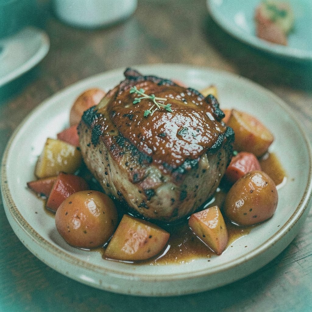 Analog film photograph of a rustic pot roast on a ceramic platter with root vegetables, warm brown and amber tones, gentle film grain.