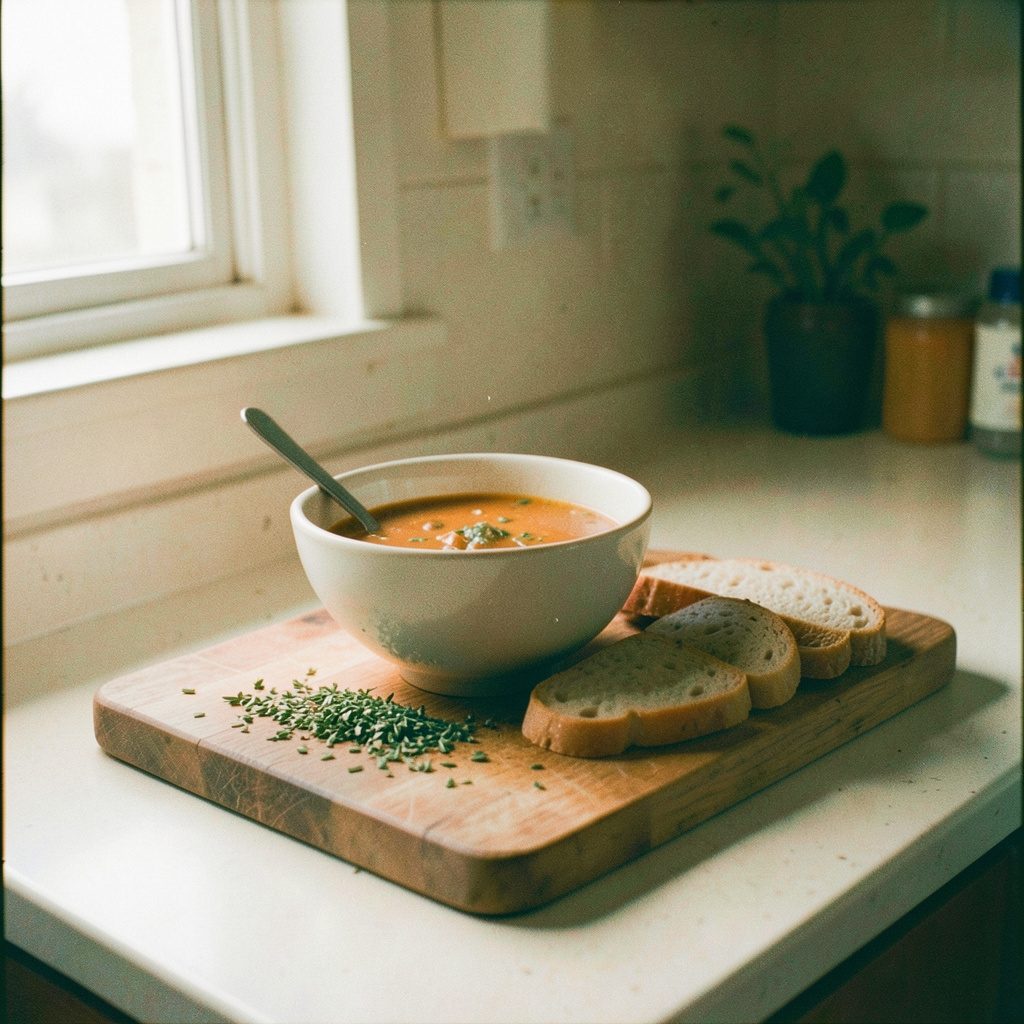 Analog film photograph of a kitchen counter with a bowl of soup, scattered herbs and sliced bread on a wooden board, warm orange and cream tones with soft daylight from a side window, gentle visible grain.