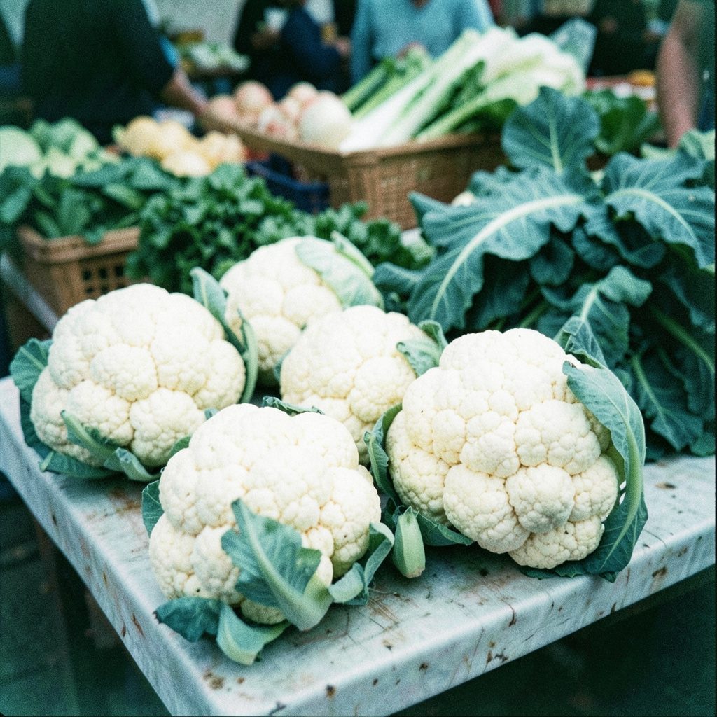 Analog film photograph of cauliflower heads on a market table with leafy greens in the background, pale cream and sage tones, visible grain.