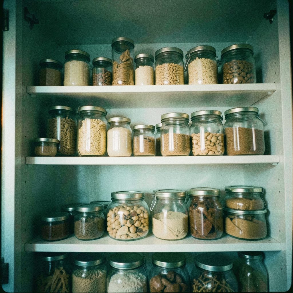 Analog film photograph of an open pantry shelf with jars, tins and dried goods, soft warm light, subtle grain.